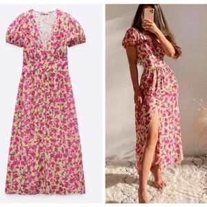 ZARA floral front slit button puff sleeve dress